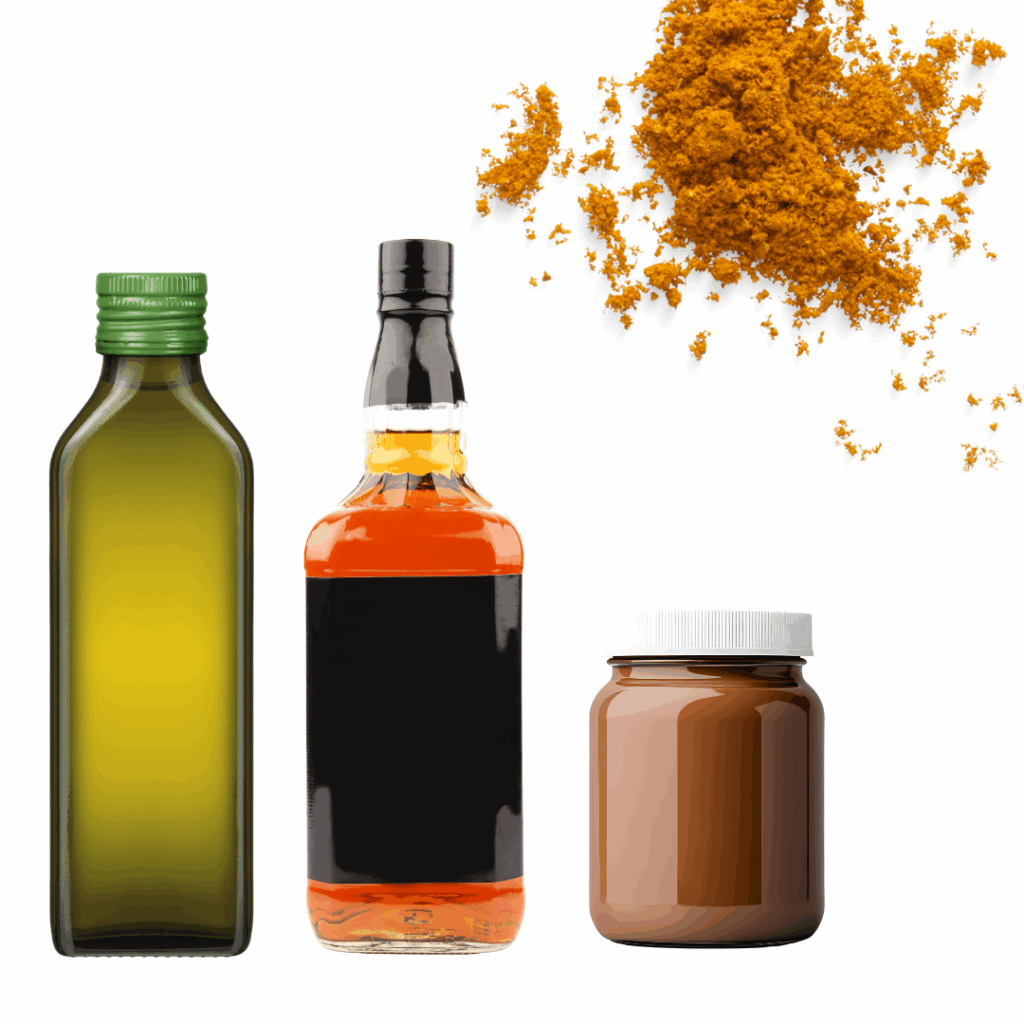 Olive oil bottle, whiskey bottle, jar of chocolate spread and a pile of orange spice powder