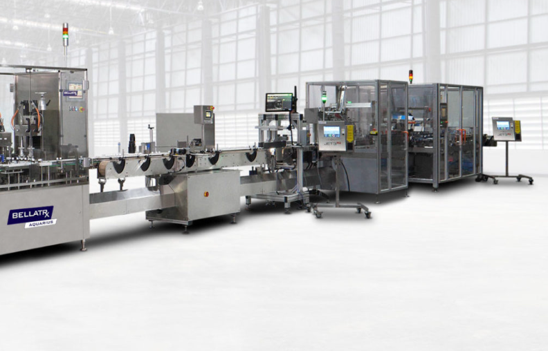 BellatRx Aquarius machine linked by conveyor to enclosed upstream packaging machines